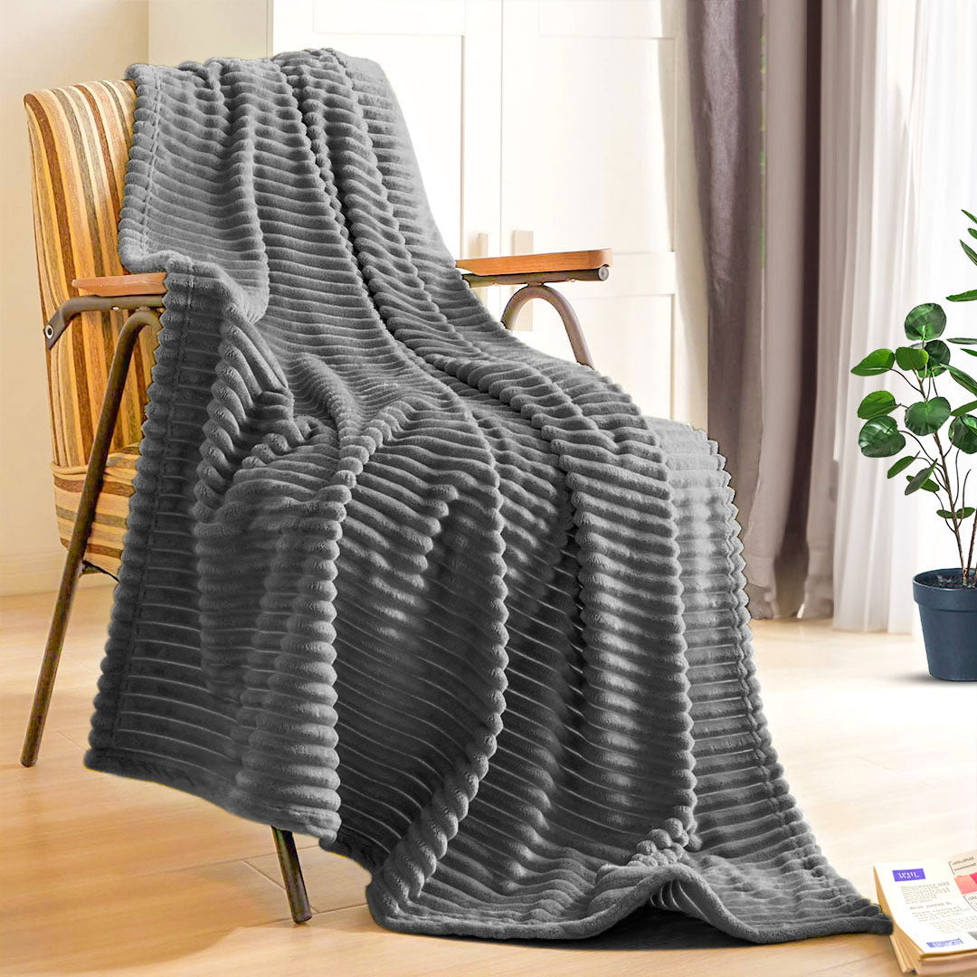 SOGA Grey Striped Throw Blanket Lightweight Flannel Polyester Sofa Blanket 200x230cm