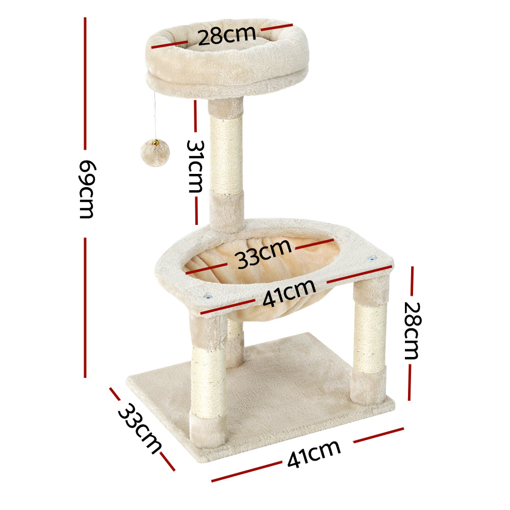 i.Pet Cat Tree 69cm Scratching Post Tower with Bed Hammock & Toys Beige