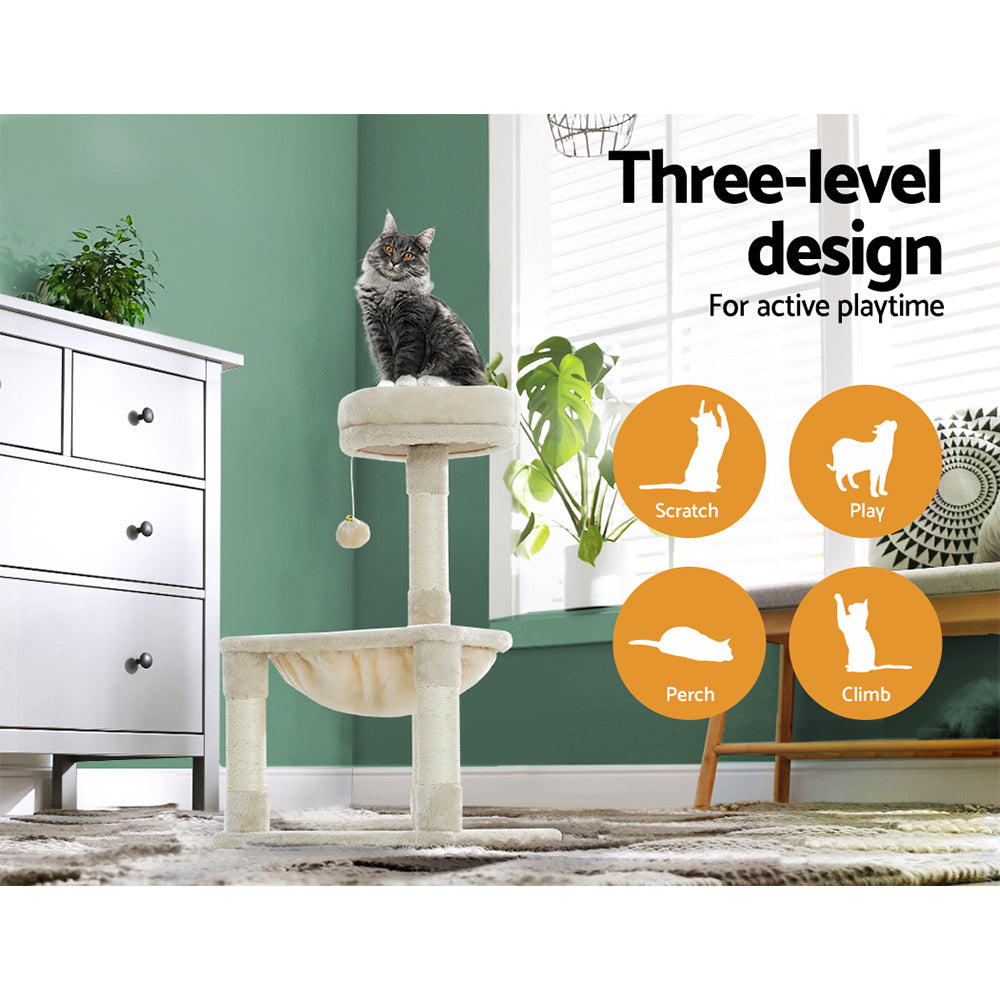 i.Pet Cat Tree 69cm Scratching Post Tower with Bed Hammock & Toys Beige