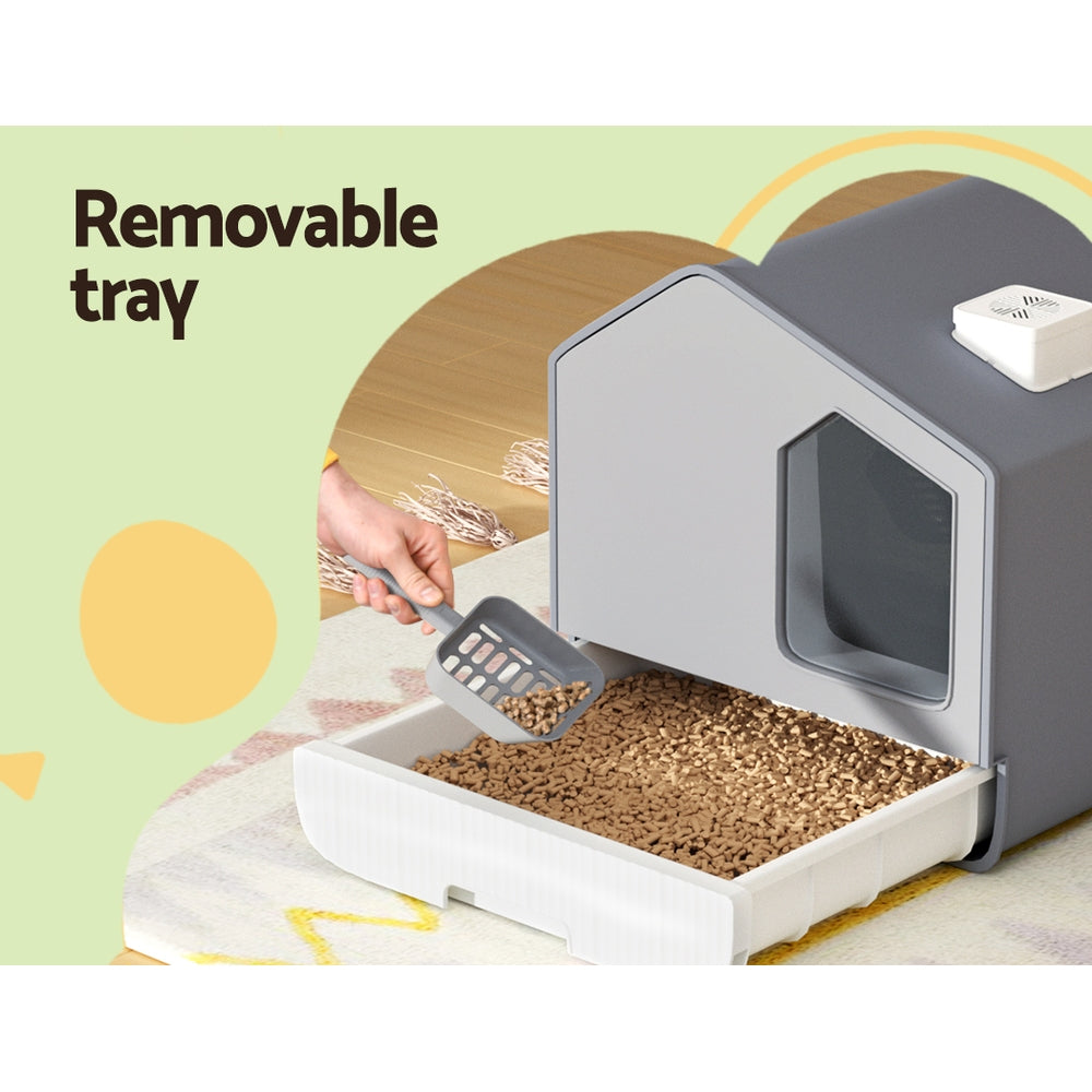 i.Pet Enclosed Cat Litter Box with Scoop & Mat Hooded Kitty Toilet Grey