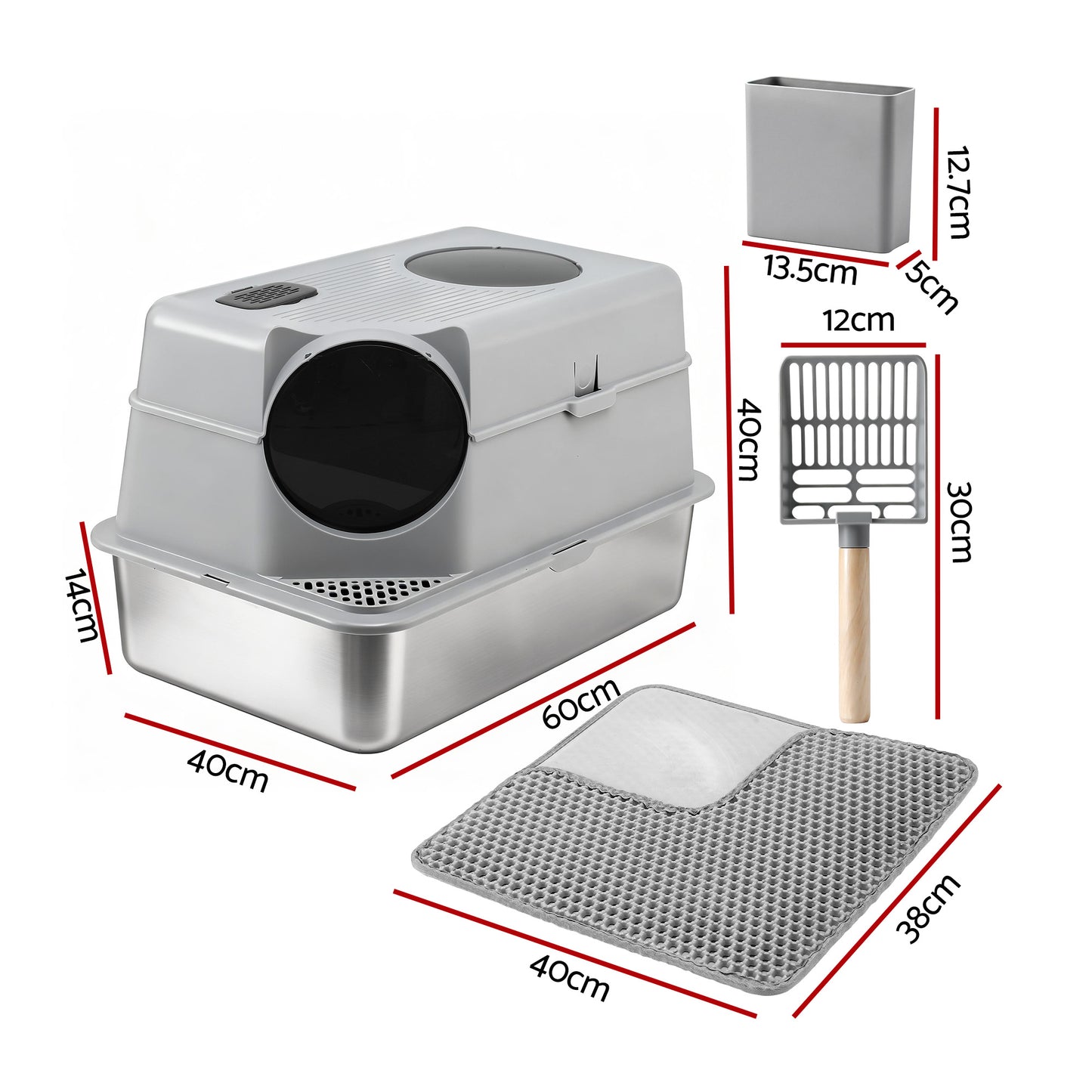 i.Pet Large Stainless Steel Cat Litter Box with High Sides Odour Control Grey