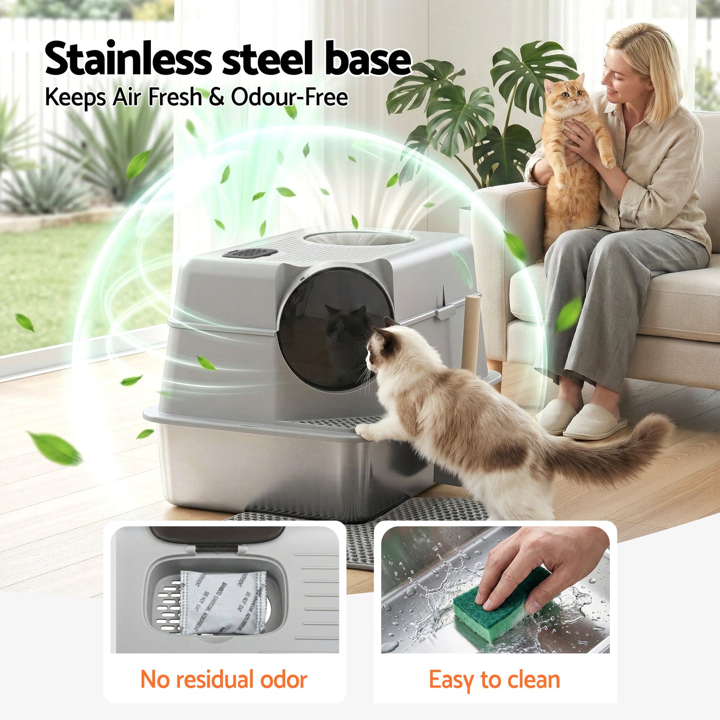 i.Pet Large Stainless Steel Cat Litter Box with High Sides Odour Control Grey