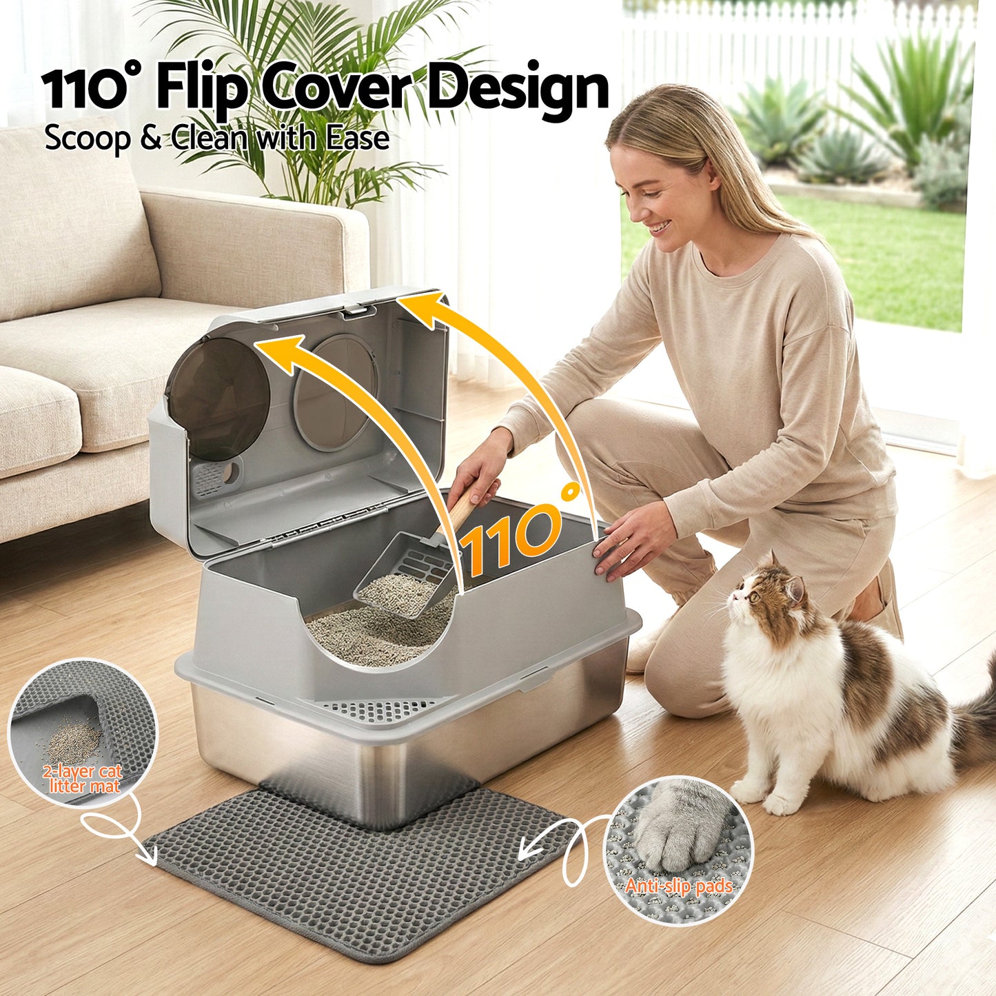 i.Pet Large Stainless Steel Cat Litter Box with High Sides Odour Control Grey