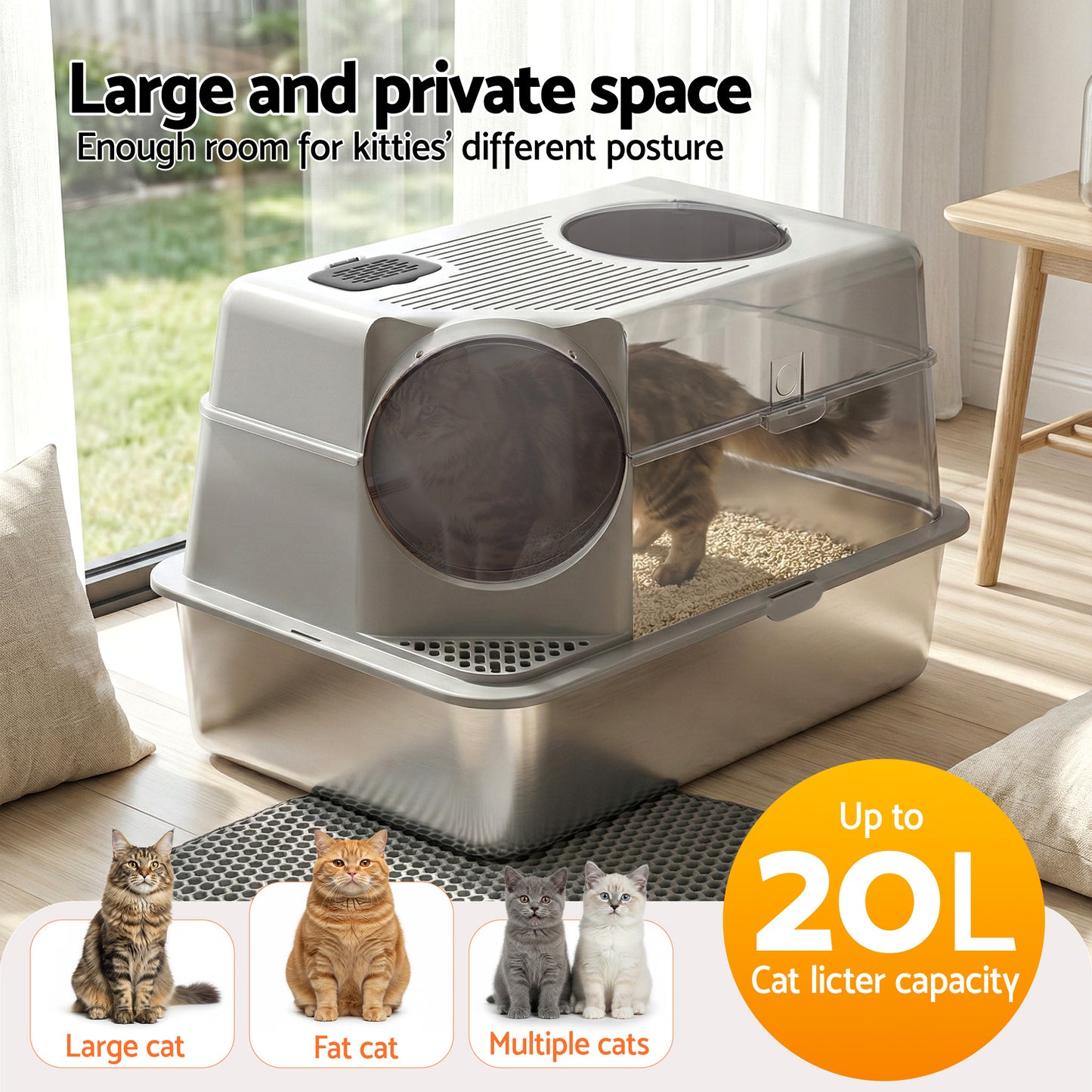 i.Pet Large Stainless Steel Cat Litter Box with High Sides Odour Control Grey