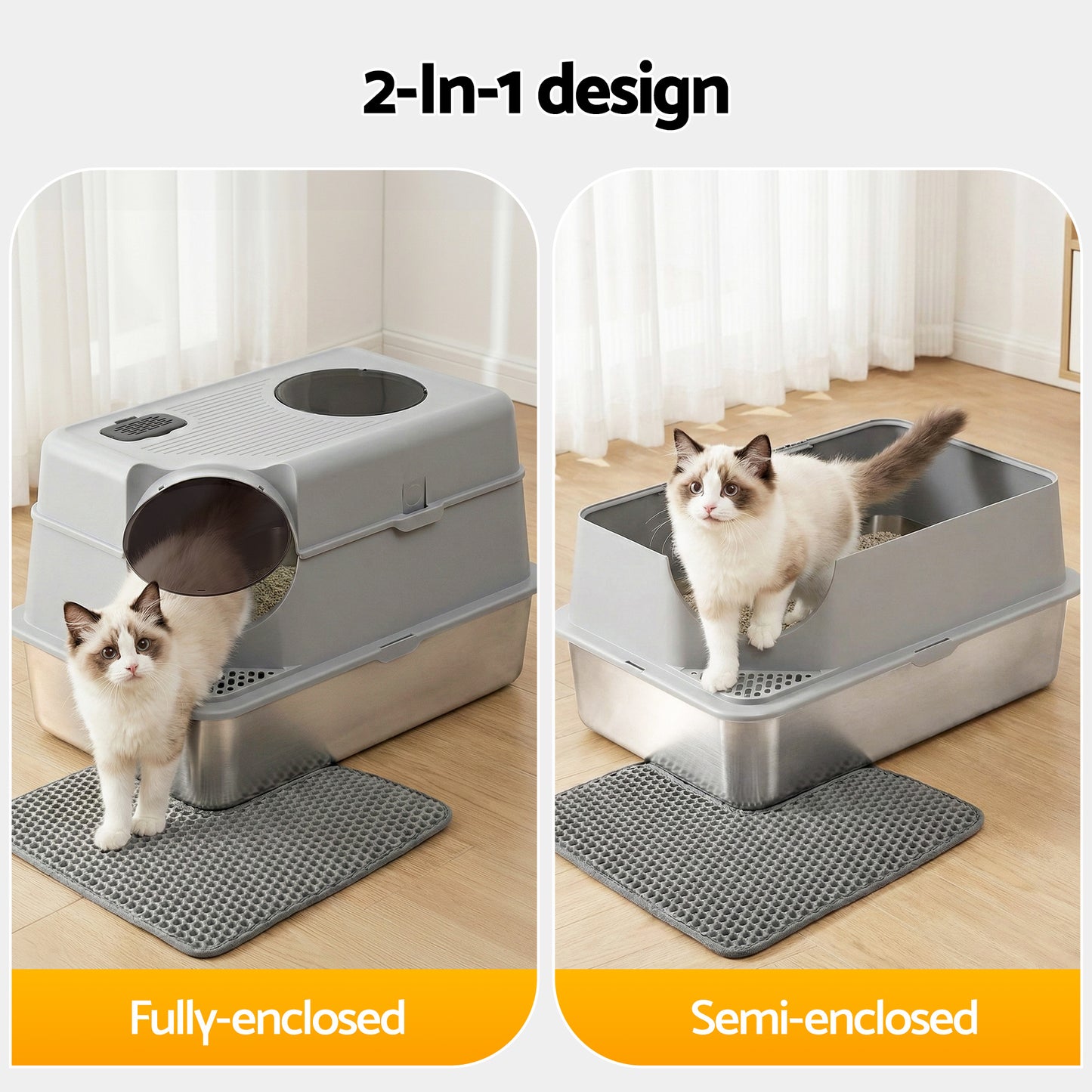 i.Pet Large Stainless Steel Cat Litter Box with High Sides Odour Control Grey