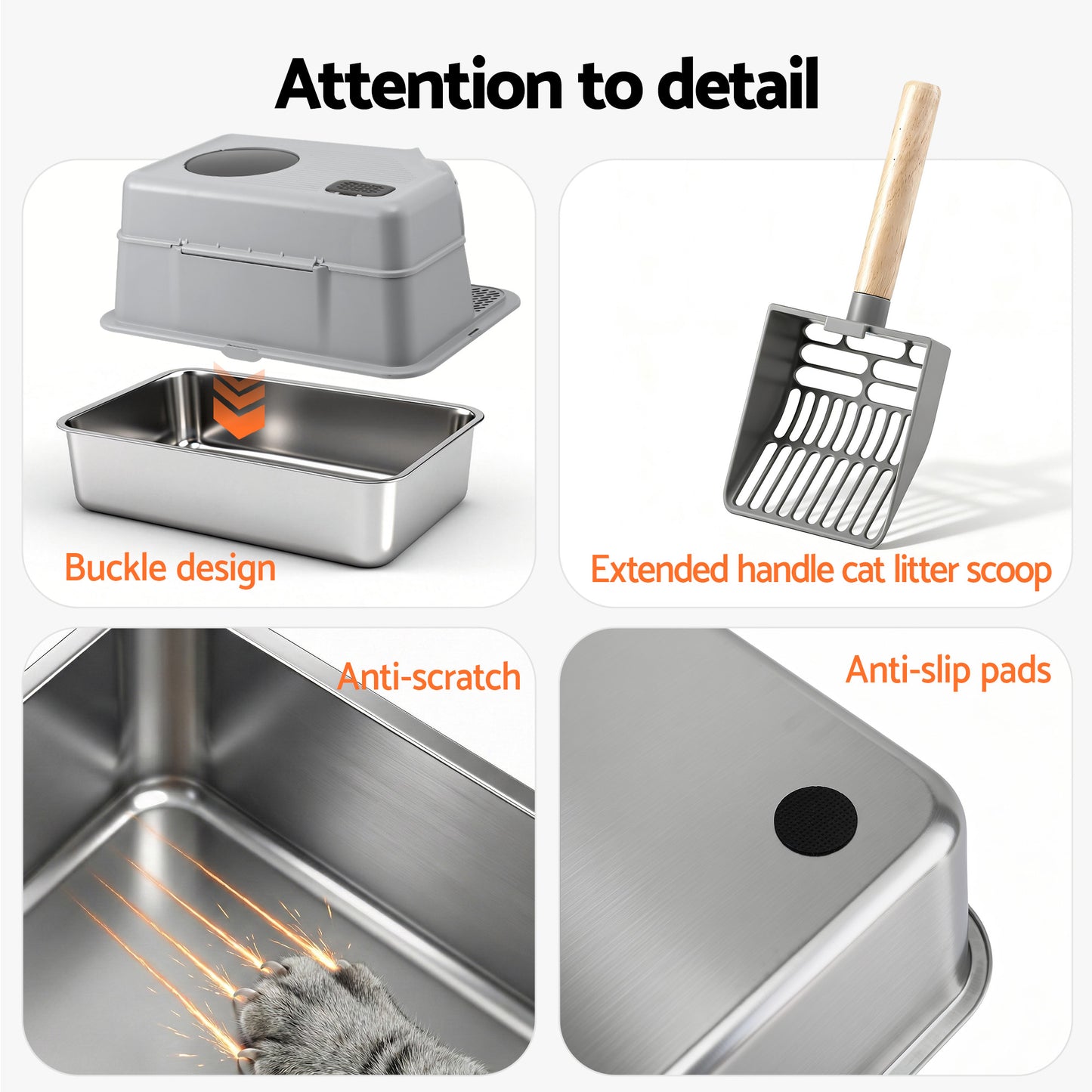 i.Pet Large Stainless Steel Cat Litter Box with High Sides Odour Control Grey