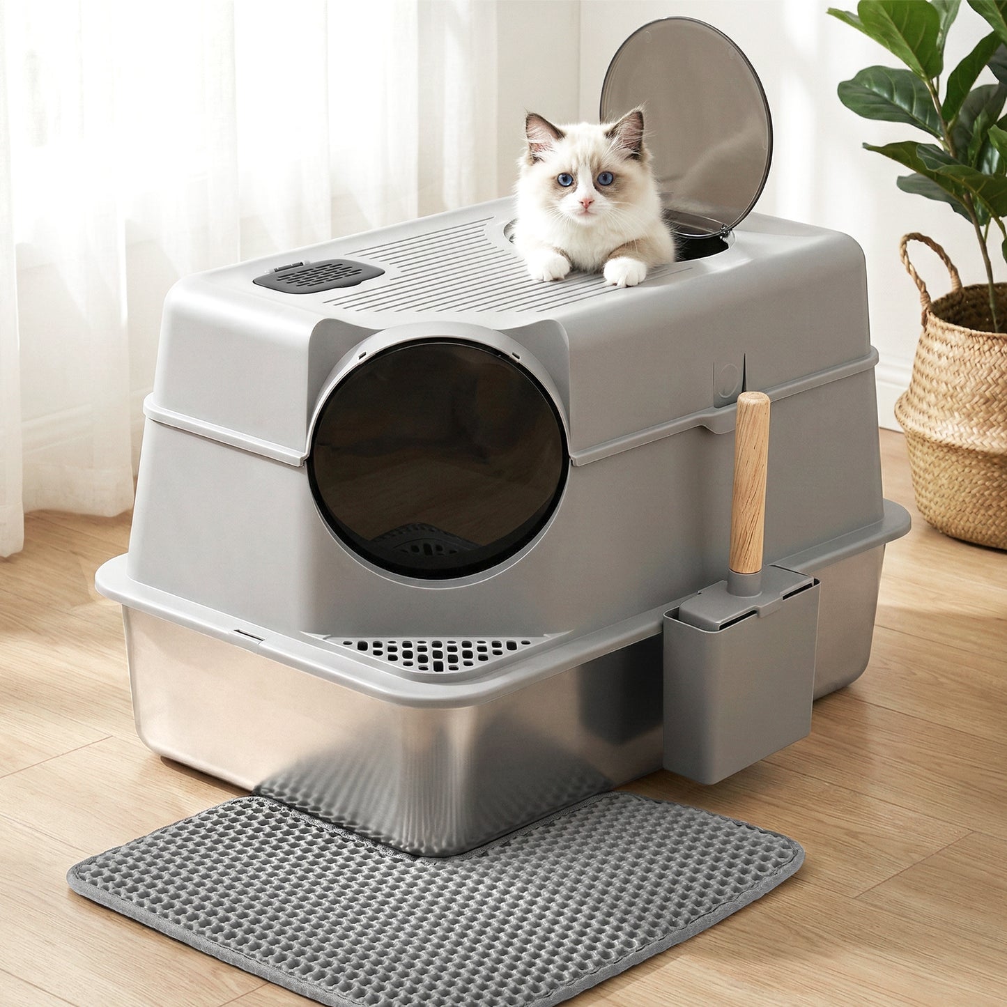 i.Pet Large Stainless Steel Cat Litter Box with High Sides Odour Control Grey