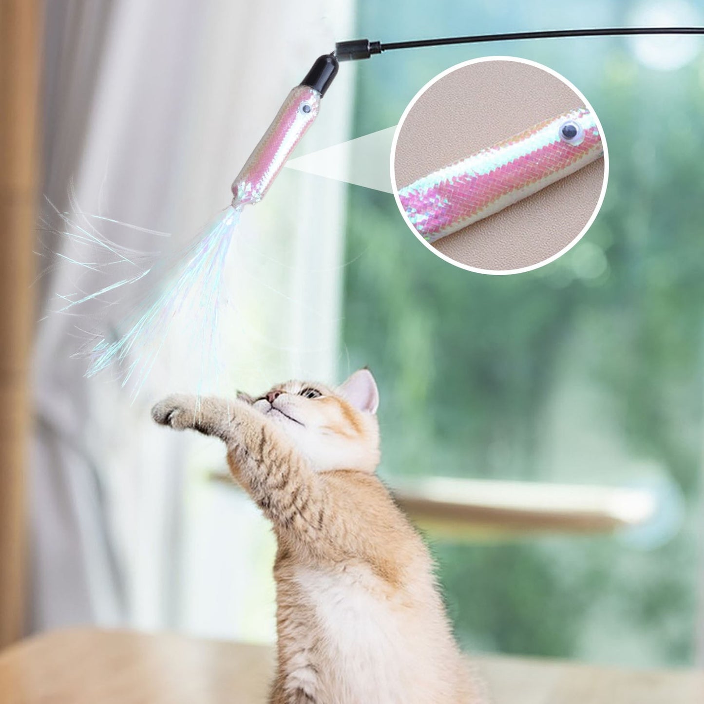 Cat Wand Toy, Replacement Head Tassel Cats Rod Accessories, Replaceable Colorful Rainbow Tassels, Funny and Interesting Cat Toys, for Indoor Cats, Pet Supplies (1 Replacement Head) Silver