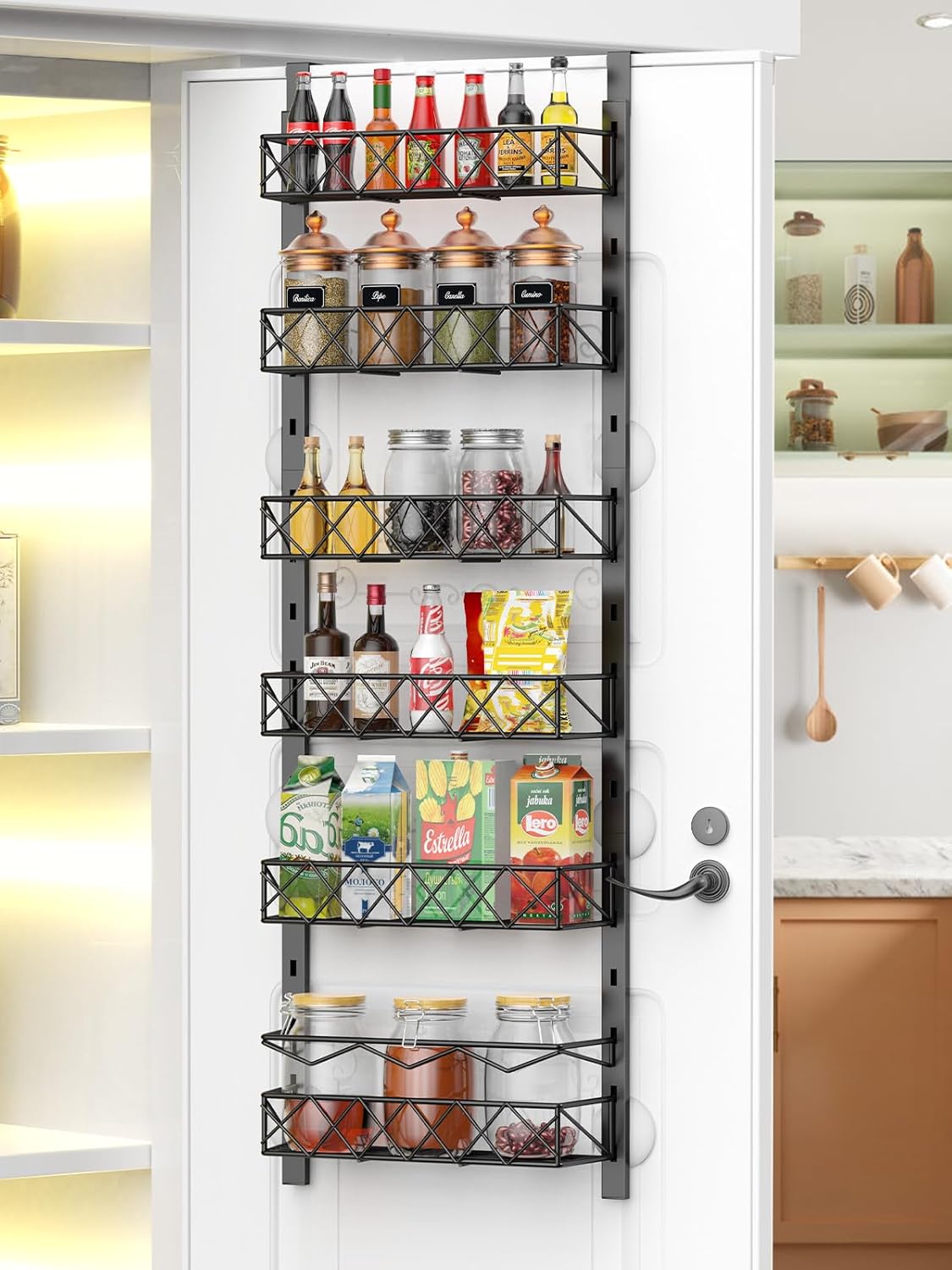 6 Tier Over Door Pantry Organizer Rack with Adjustable Baskets for Kitchen Storage