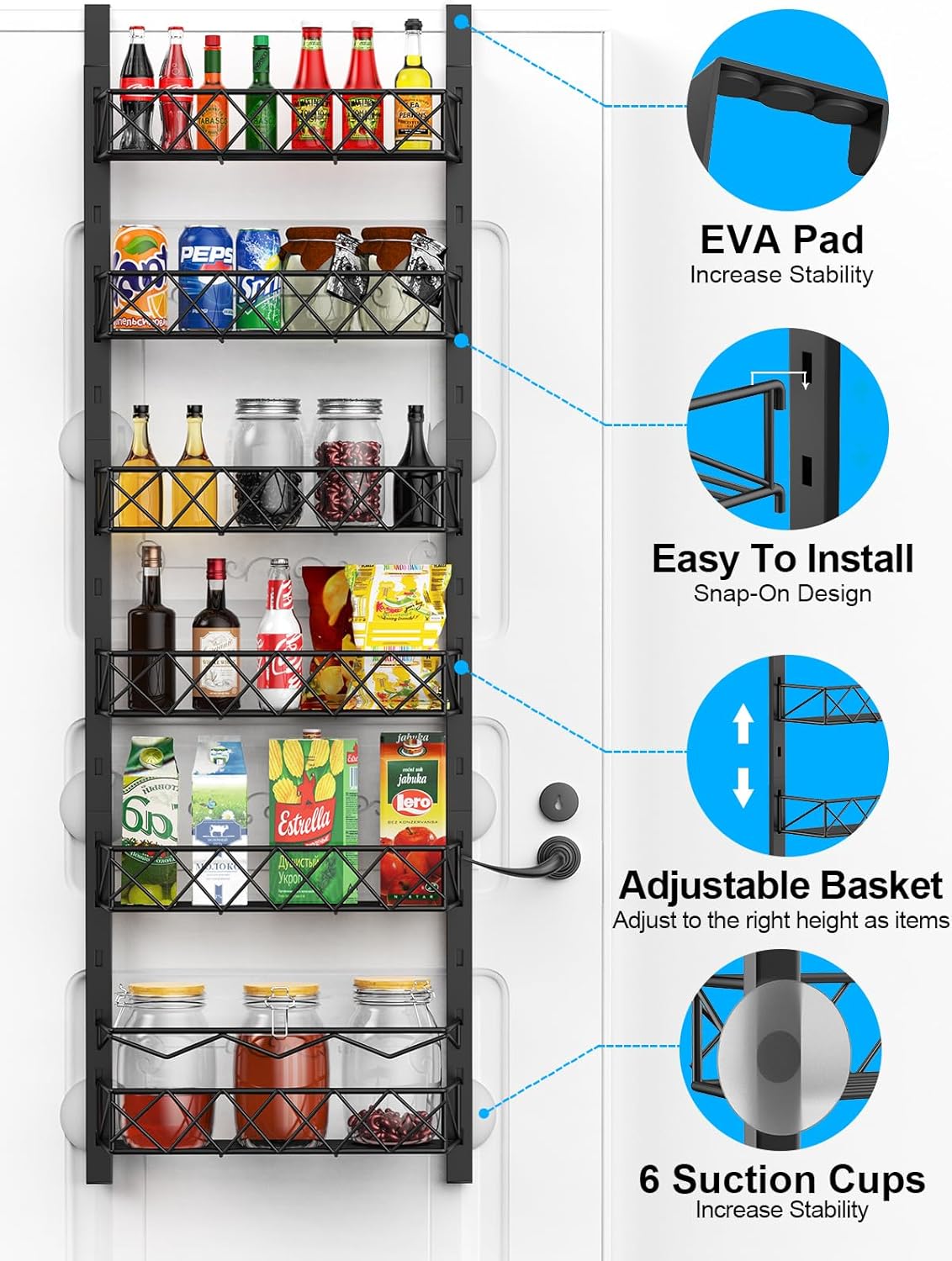 6 Tier Over Door Pantry Organizer Rack with Adjustable Baskets for Kitchen Storage
