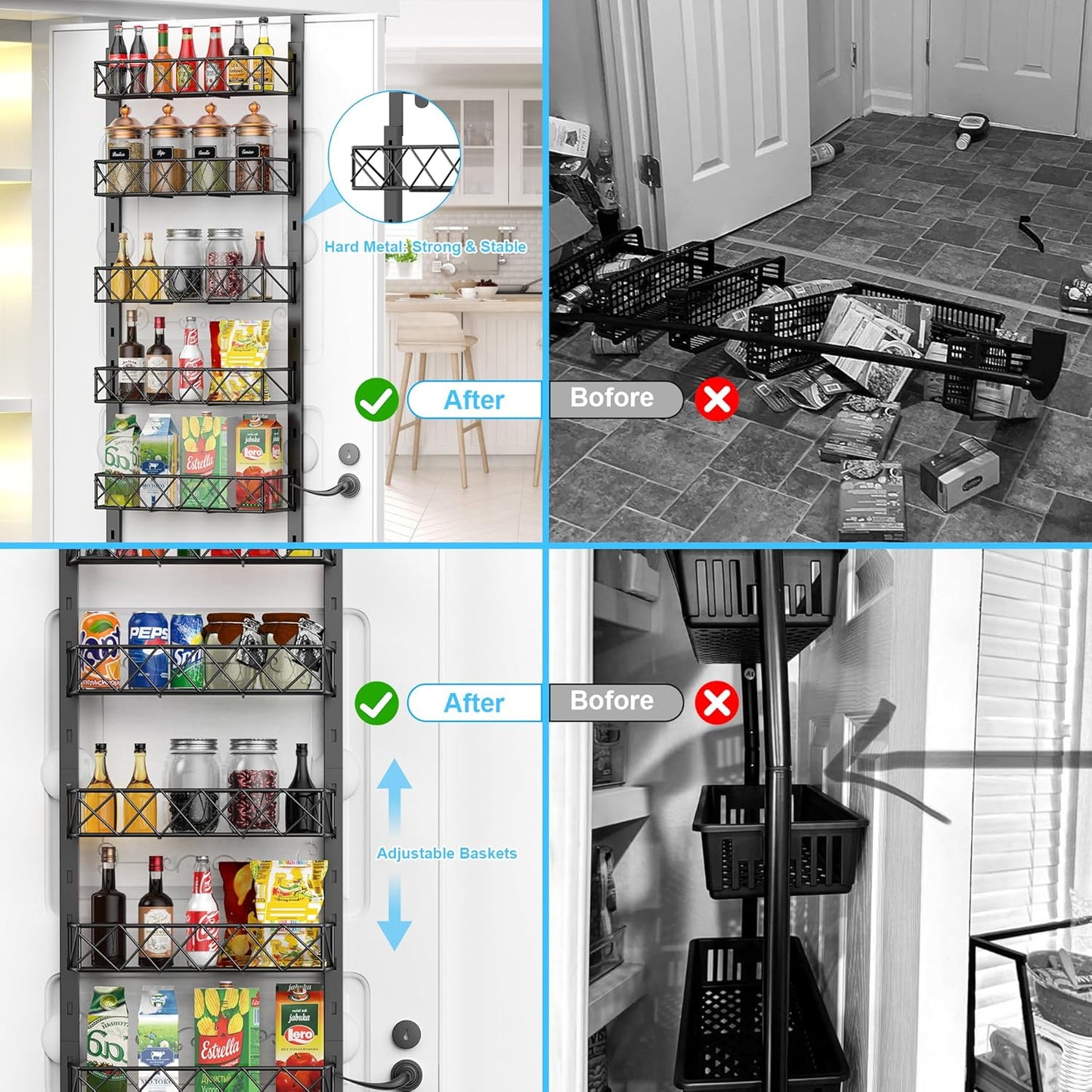 6 Tier Over Door Pantry Organizer Rack with Adjustable Baskets for Kitchen Storage