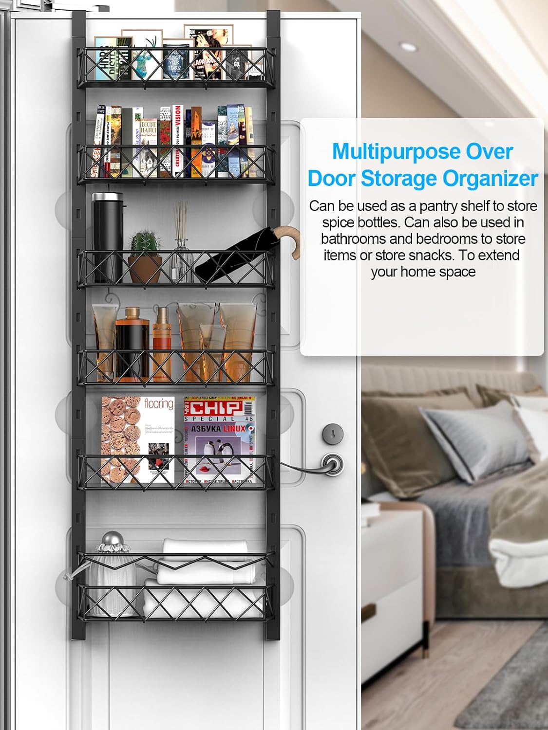 6 Tier Over Door Pantry Organizer Rack with Adjustable Baskets for Kitchen Storage