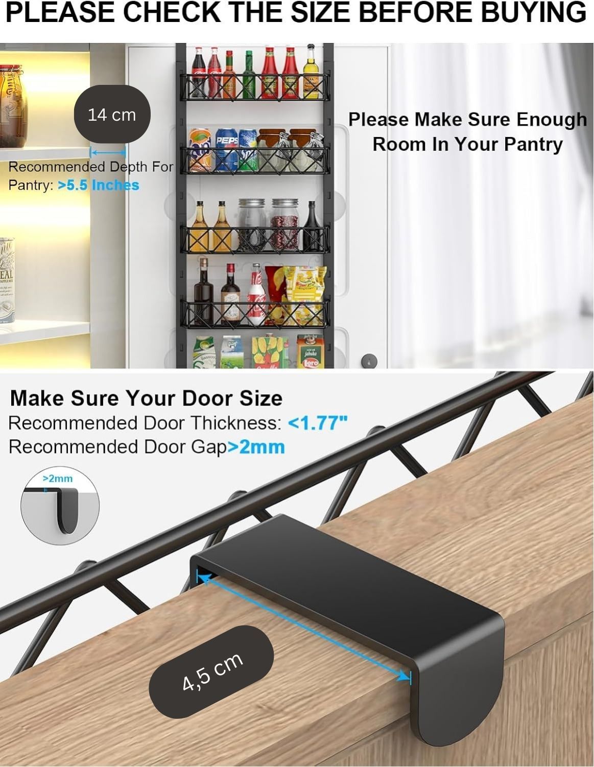 6 Tier Over Door Pantry Organizer Rack with Adjustable Baskets for Kitchen Storage