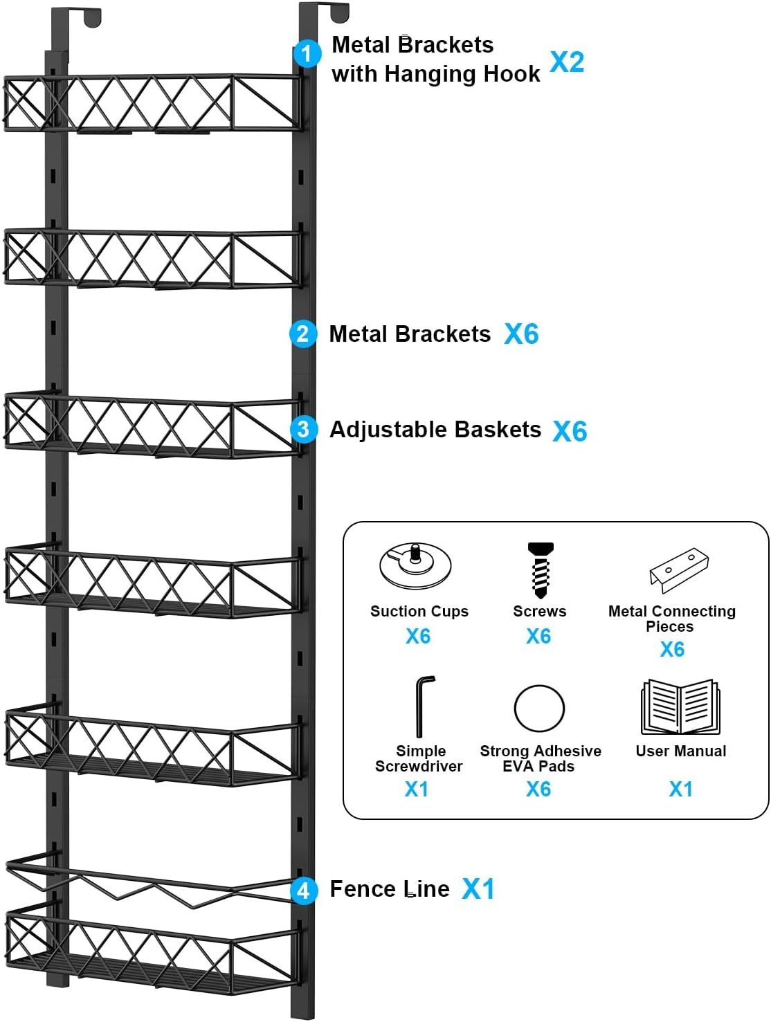 6 Tier Over Door Pantry Organizer Rack with Adjustable Baskets for Kitchen Storage