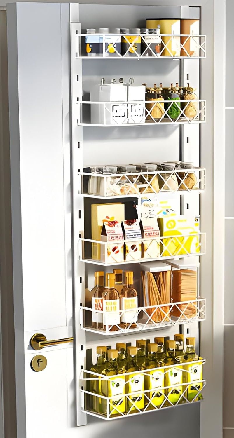 6 Tier Adjustable Over Door Pantry Organizer Rack Kitchen Storage with Metal Baskets