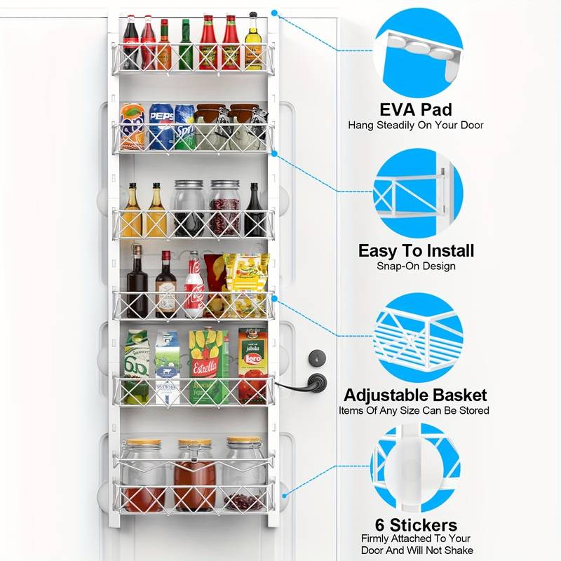 6 Tier Adjustable Over Door Pantry Organizer Rack Kitchen Storage with Metal Baskets