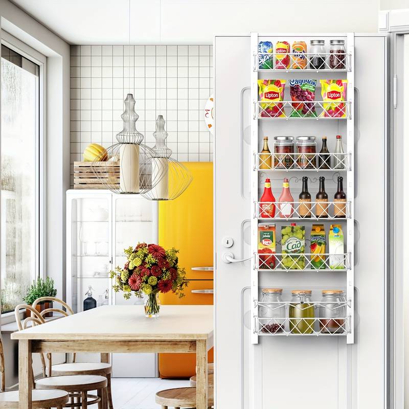 6 Tier Adjustable Over Door Pantry Organizer Rack Kitchen Storage with Metal Baskets