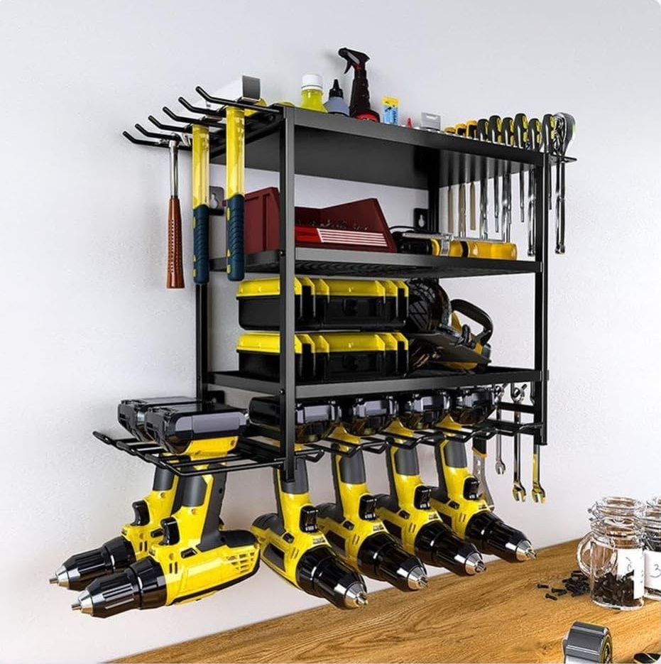 CARLA HOME 4 Tier Wall Mounted Power Tool Organizer Rack with Drill Holder for Garage Workshop Storage