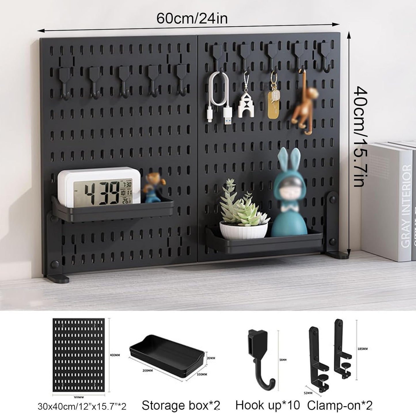 CARLA HOME Desk Pegboard Organizer Kit 2 Pack with Hooks Tray and Clamp Mount Black