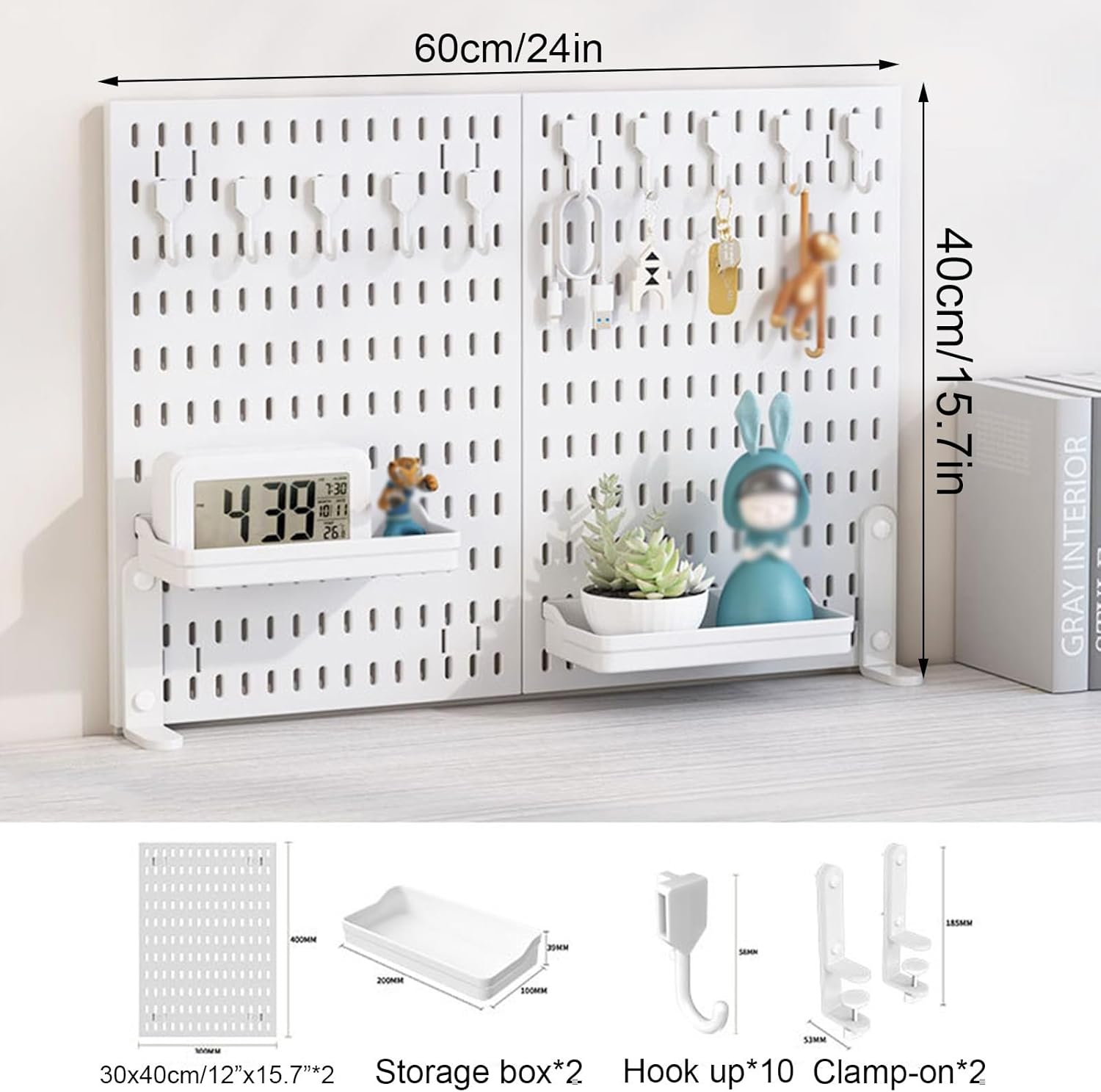 CARLA HOME Desk Pegboard Organizer Kit 2 Pack with Hooks Tray and Clamp Mount White