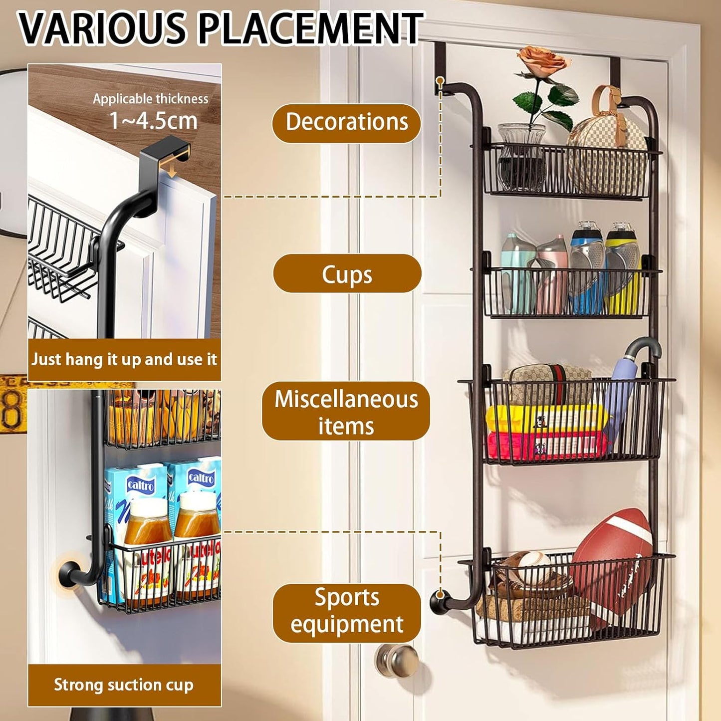 CARLA HOME Over Door Organizer 4 Tier Metal Pantry Storage Rack
