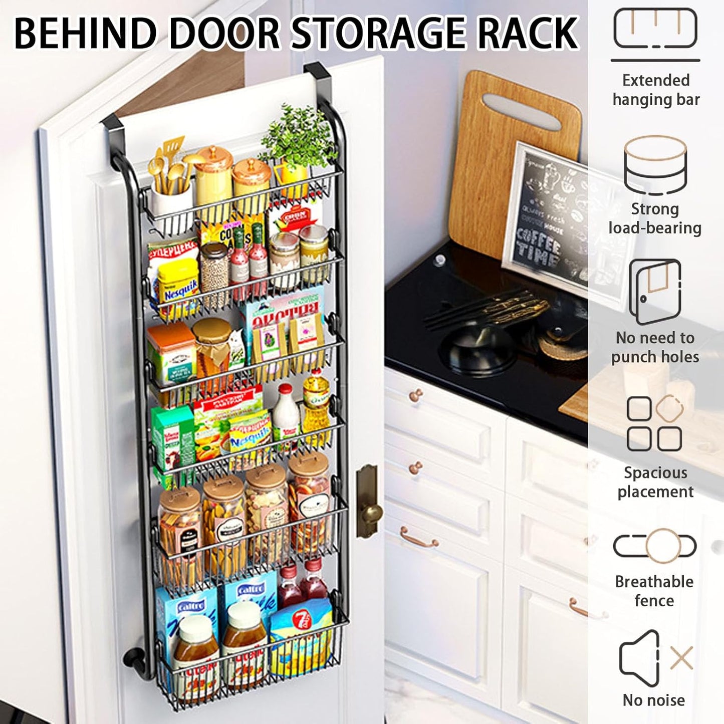 CARLA HOME Over Door Organizer 6 Tier Metal Pantry Storage Rack Black