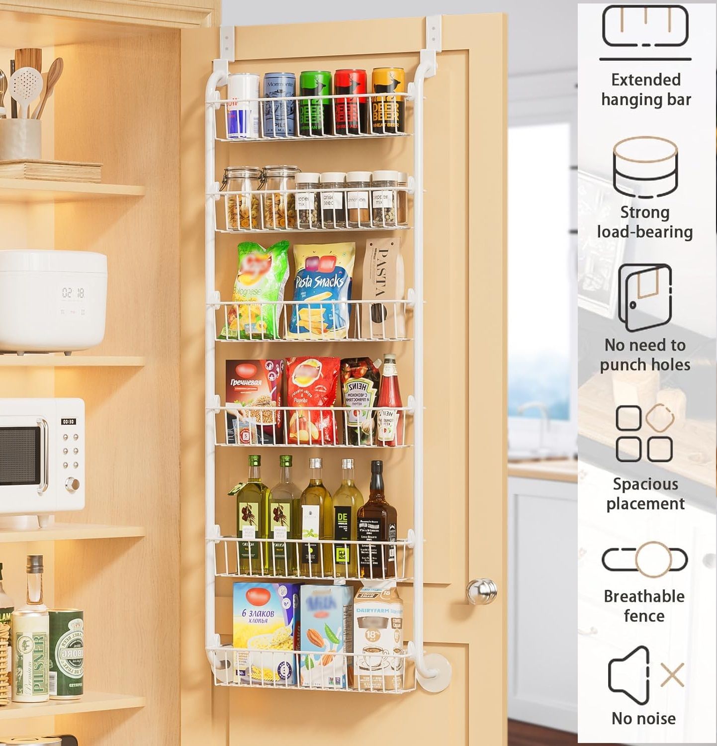 CARLA HOME Over Door Organizer 6 Tier Metal Pantry Storage Rack White