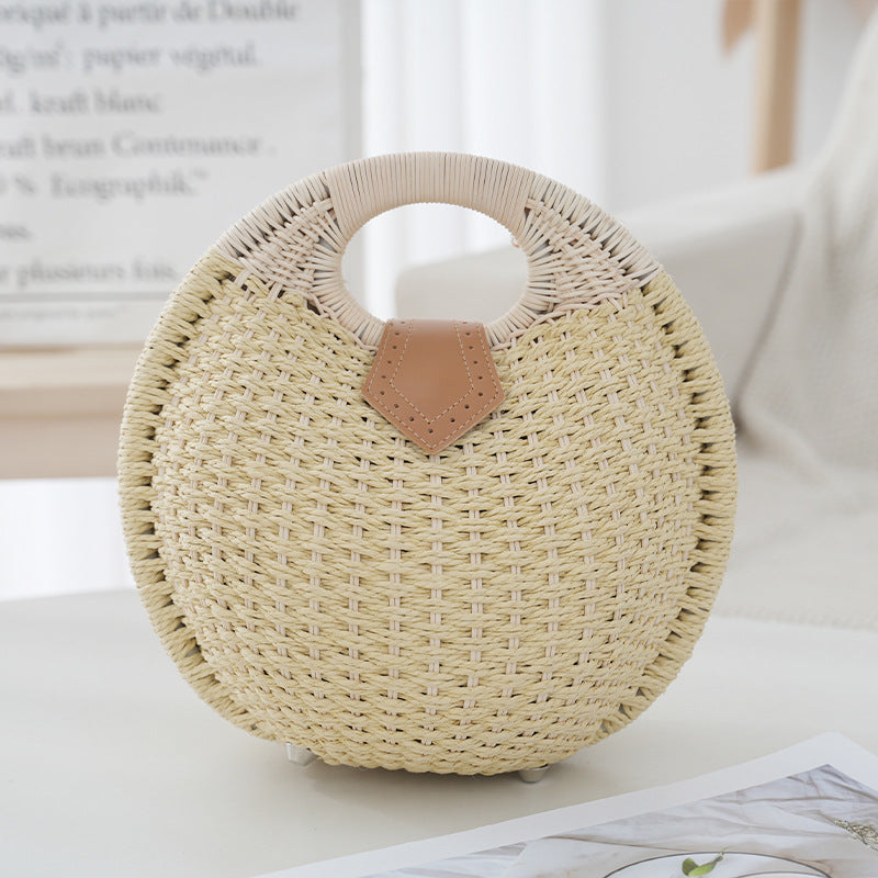 Boho Circle Straw Bag - Stylish Woven Tote with Round Handles, Perfect Beach & Market Bag