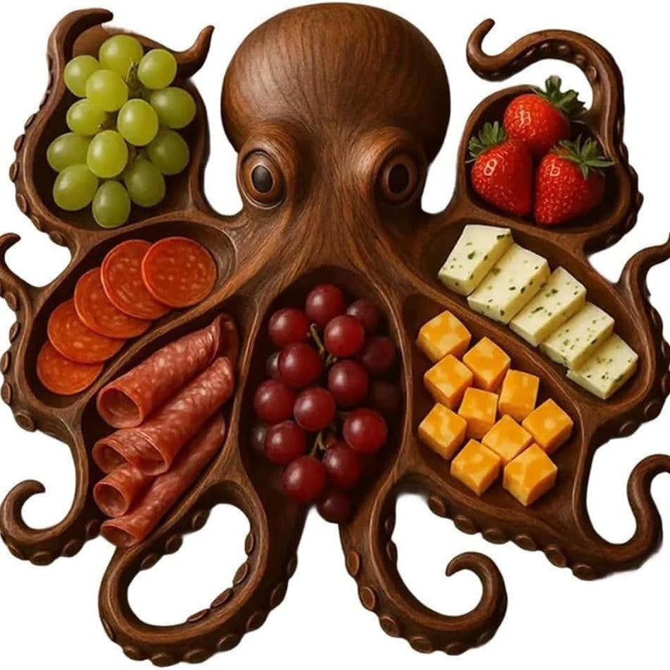 Style A Brown Artisan Crafted Solid Wood Octopus Charcuterie Board - Unique Appetizer & Cheese Serving Platter