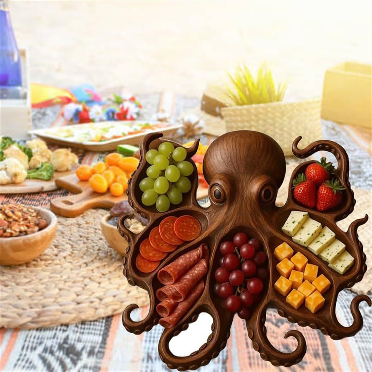 Style A Brown Artisan Crafted Solid Wood Octopus Charcuterie Board - Unique Appetizer & Cheese Serving Platter