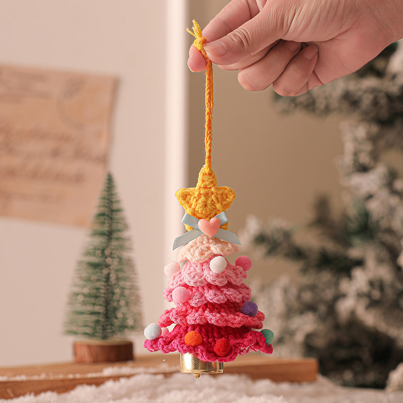 2 Pcs Handmade Crochet Christmas Tree Ornament - Plush Knitted Decoration with Bell