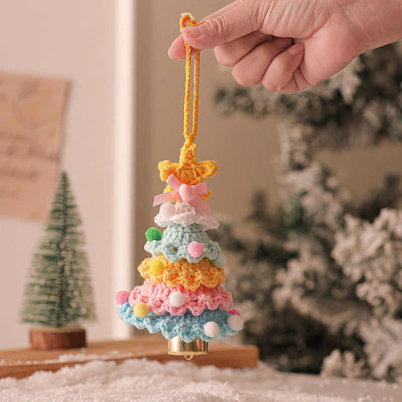 2 Pcs Handmade Crochet Christmas Tree Ornament - Plush Knitted Decoration with Bell