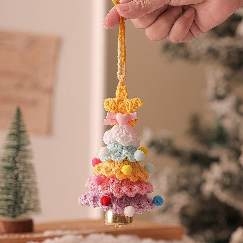 2 Pcs Handmade Crochet Christmas Tree Ornament - Plush Knitted Decoration with Bell