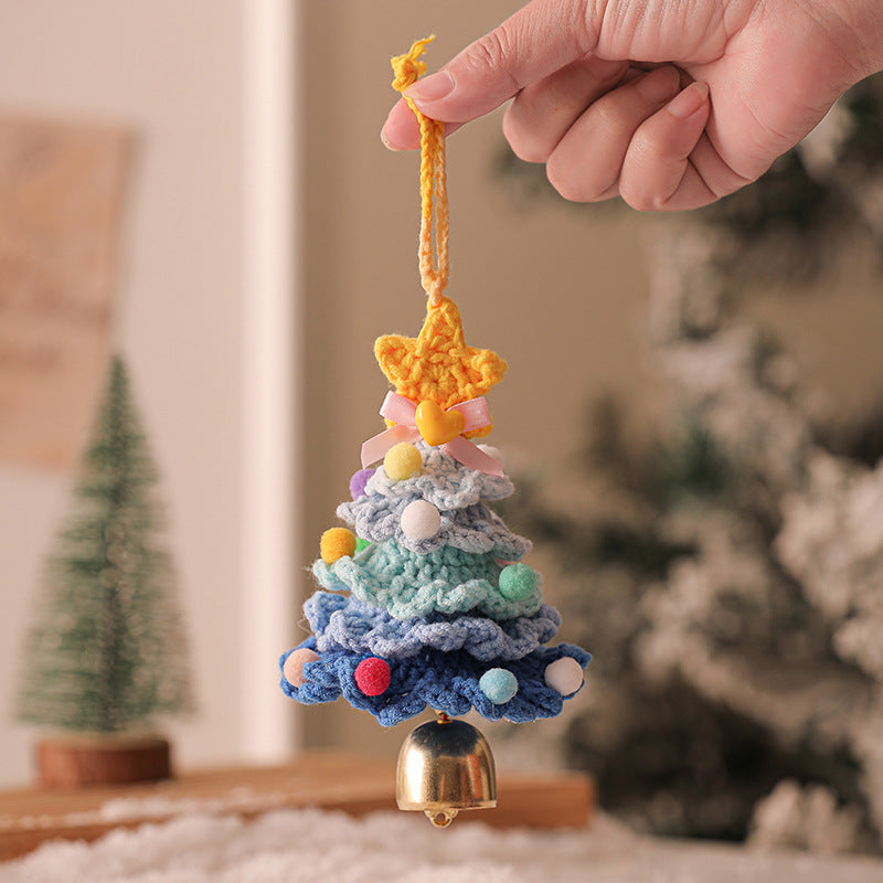 2 Pcs Handmade Crochet Christmas Tree Ornament - Plush Knitted Decoration with Bell