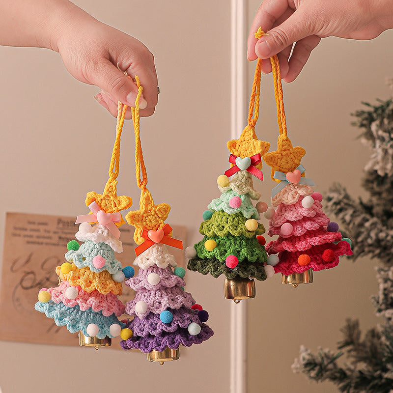 2 Pcs Handmade Crochet Christmas Tree Ornament - Plush Knitted Decoration with Bell