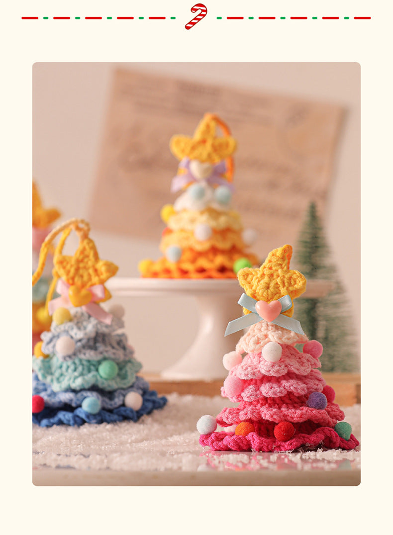 2 Pcs Handmade Crochet Christmas Tree Ornament - Plush Knitted Decoration with Bell