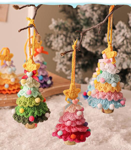 2 Pcs Handmade Crochet Christmas Tree Ornament - Plush Knitted Decoration with Bell