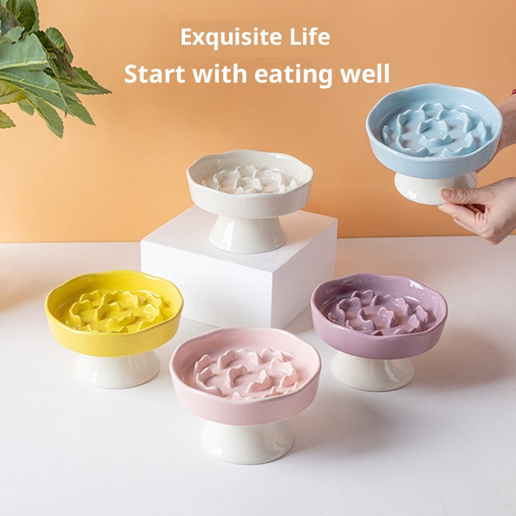 Ceramic Elevated Slow Feeder Bowl Raised Pet Dish 310ml Anti-V